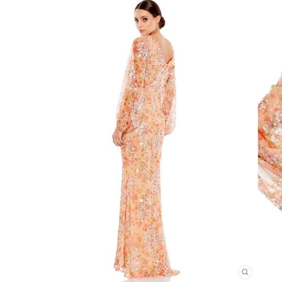 Mac Duggal 93547 Womens FLORAL PRINT SEQUINED PUFF SLEEVE GOWN - Picture 4 of 14